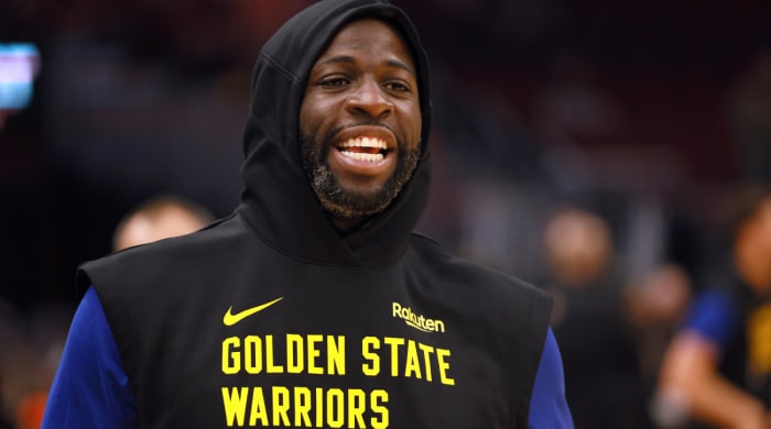 Nov 5, 2023; Cleveland, Ohio, USA; Golden State Warriors forward Draymond Green (23) warms up prior to a game against the Cleveland Cavaliers at Rocket Mortgage FieldHouse. Mandatory Credit: Aaron Josefczyk-USA TODAY Sports